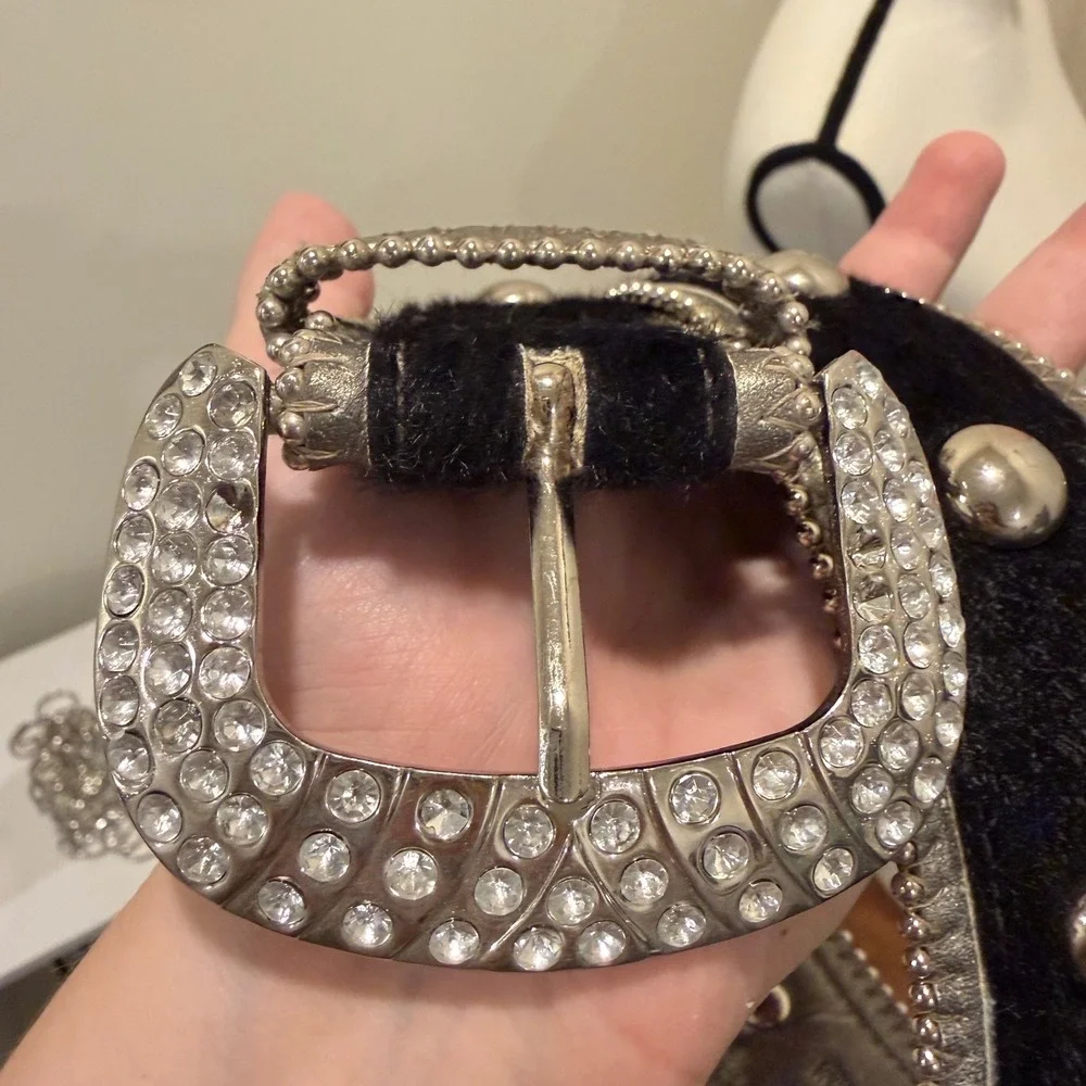 Black Faux Calf Hair Rhinestone Studded Western Belt Silver Buckle 38 Inch